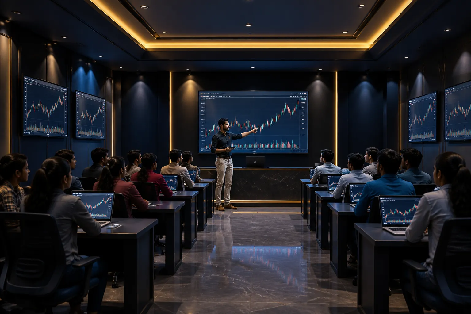 Modern trading education classroom with students learning stock market analysis